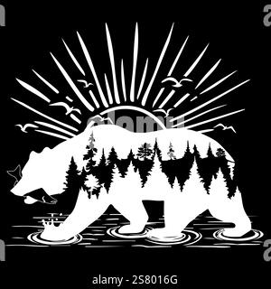 Abstrakter Bär mit einem Wald im Inneren und einem Fisch in den Zähnen, der vor dem Hintergrund der Morgendämmerung geht Stock Vektor