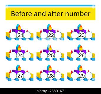 Was davor und danach kommt. Mathematische Arbeitsblätter für Kinder. Zahlenbereich bis 30. Vektor-Illustration der Karikaturpyramide. Stock Vektor