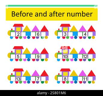 Was davor und danach kommt. Mathematische Arbeitsblätter für Kinder. Zahlenbereich bis 15. Vektor-Illustration der Zeichentrickbahn. Stock Vektor
