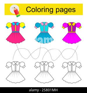 Lernspiel für Kinder. Geh durch das Labyrinth und streiche ein Zeichentrickkleid nach dem Muster aus. Vektorabbildung. Stock Vektor