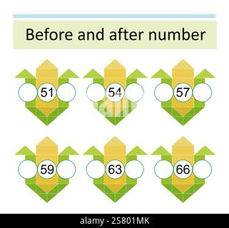 Was davor und danach kommt. Mathematische Arbeitsblätter für Kinder. Zahlenbereich bis 70. Vektor-Illustration von Cartoon-Mais. Stock Vektor