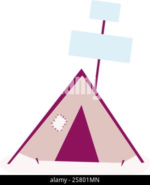 Minimalistische Vektor-Illustration mit einem Campingzelt mit zwei leeren Schildern, die an einer Stange und einem geflickten Loch angebracht sind, vor einem sauberen weißen Hintergrund, ideal für Outdoor-Themen Stock Vektor