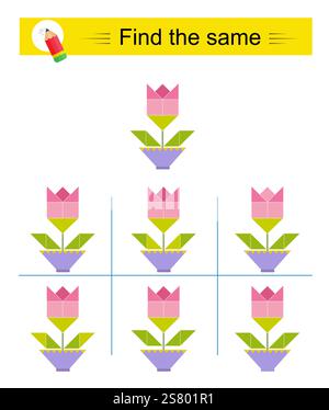 Puzzlespiel für Kinder. Aufmerksamkeitsaufgabe. Es muss dasselbe Objekt gefunden werden. Vektorabbildung. Stock Vektor