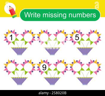 Mathematische Aktivität für Kinder. Aktivitätsseite für Vorschulkinder. Zeichentrickblumen. Vektorabbildung. Stock Vektor