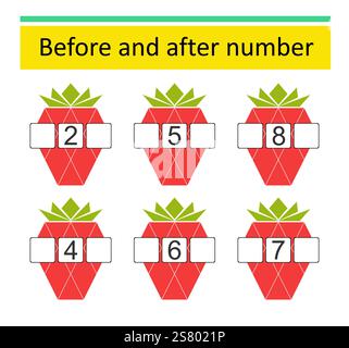 Was davor und danach kommt. Mathematische Arbeitsblätter für Kinder. Zahlenbereich bis 10. Vektor-Illustration von Cartoon Erdbeere. Stock Vektor