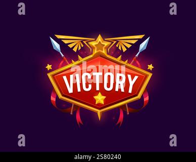 Das Symbol für den Sieg des Spiels, die Auszeichnung, das grafische ui-Banner, der Belohnungsbildschirm mit goldenem Stern, erhabenen Lanzen, roten Bändern und goldenen Flügeln. Cartoo Stock Vektor