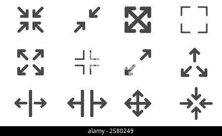 Vollbild-Symbol-Menü-Cursor-Bitton, Zeiger zur Steuerung der Anwendungsgröße. Zeilennavigation in der Web-benutzeroberfläche Symbol Maximieren oder Minimaze. App-Pfeil. Eingeben oder Beenden. Vektorabbildung Stock Vektor