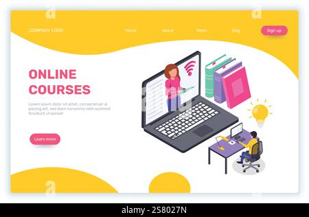 Isometrische Landingpage für Online-Unterricht mit Lerninhalten mit Laptop und Lehrer, die auf dem Bildschirm erklären, Bücher und Glühbirnen als Symbol für Wissen Stock Vektor