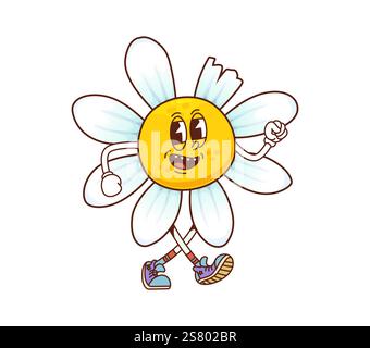 Retro groovige Cartoon Gänseblümchen oder Kamillenblüten Charakter mit lustigem Gesicht, Vektor-Comic-Emoji. Psychedelisch groovige Gänseblümchen oder Kamillenblüte mit Happy Stock Vektor