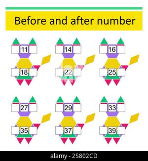 Was davor und danach kommt. Mathematische Arbeitsblätter für Kinder. Zahlenbereich bis 40. Vektor-Illustration des Zeichentricktiers. Stock Vektor