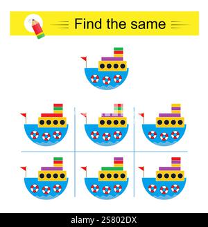 Puzzlespiel für Kinder. Aufmerksamkeitsaufgabe. Es muss dasselbe Objekt gefunden werden. Vektorabbildung. Stock Vektor