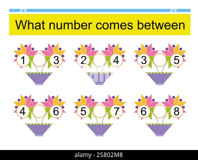 Welche Zahl liegt zwischen? Mathematische Arbeitsblätter für Kinder. Vektor-Illustration von Karikaturblumen Stock Vektor