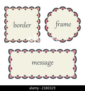 Dekoratives geometrisches Rahmenset. Quadrat, Kreis, Rechteck Formen Hintergrund. Rosa Farbpalette, schwarze Linienkontur, weißer Textraum, modern Stock Vektor