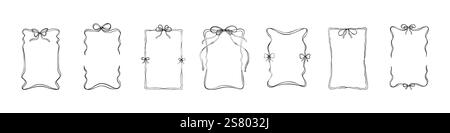 Set aus rechteckigen vertikalen Scrollbandrahmen mit niedlichen Schleifen. Menü, Junggesellinnenabschied, Hochzeit, Geburtstag, weihnachtliche Designelemente. Coquette-Stil Stock Vektor