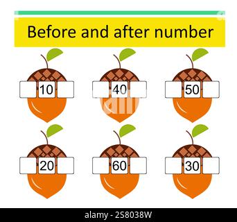 Was davor und danach kommt. Mathematische Arbeitsblätter für Kinder. Zahlenbereich bis 60. Vektor-Illustration der Cartoon-Eichel. Stock Vektor