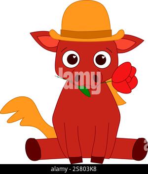 Pferd im Hut mit roter Blume Cartoon Linie Vektor Mascot Charakter. Abbildung Isoliert Auf Weißem Hintergrund Stock Vektor