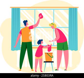 Glückliche Familie, die Fenster im Wohnzimmer putzt, Eltern führen ihr Kind bei der Lernarbeit, fördern Teamarbeit und Zusammengehörigkeit und erhalten gleichzeitig eine helle und fröhliche Atmosphäre Stock Vektor