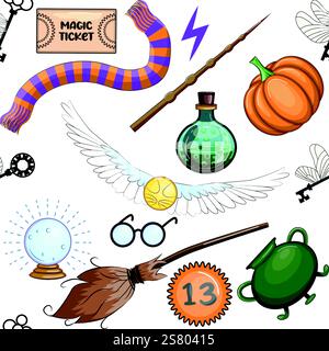 Magische Gegenstände nahtloses Muster in farbenfrohem Cartoon-Stil. Hexerei und Hexerei, Esoterik und Mystik, Okkultismus Stock Vektor