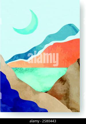 Minimalistische abstrakte Aquarellmalerei mit Mondsichel, Bergen und einem See, die eine ruhige und künstlerische Naturszene schafft Stock Vektor