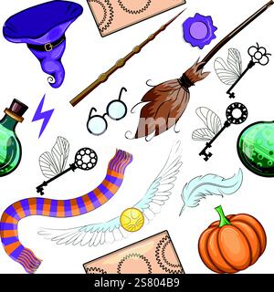 Magische Gegenstände nahtloses Muster in farbenfrohem Cartoon-Stil. Hexerei und Hexerei, Esoterik und Mystik, Okkultismus Stock Vektor