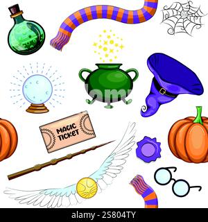 Magische Gegenstände nahtloses Muster in farbenfrohem Cartoon-Stil. Hexerei und Hexerei, Esoterik und Mystik, Okkultismus Stock Vektor