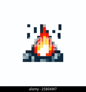 Vektorsymbol der Flamme auf Kamin im Pixelstil. Lagerfeuer im 8-Bit-Stil für Spiele. Pixelfeuer. Lagerfeuer-Vektor. Vektorabbildung. Stock Vektor