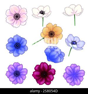Realistische Vektorblumen Blütenblätter Knospen Blumensträuße. Anemonen, Pfingstrosen Stiefmütterchen Magnolie Stock Vektor