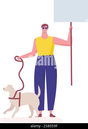 Blinder Mann trägt eine Sonnenbrille, hält ein leeres Plakat, während er mit seinem Blindenhund geht, dargestellt in einer bunten flachen Design-Vektor-Illustration auf einem einfachen weißen Hintergrund Stock Vektor