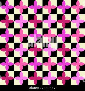 Schachbrett, helle Blumenformen, abstraktes, nahtloses Muster. Dekoratives geometrisches Gitter. Farbpalette in Vintage-Farbtönen in Schwarz weiß Rosa. Grafisch Stock Vektor