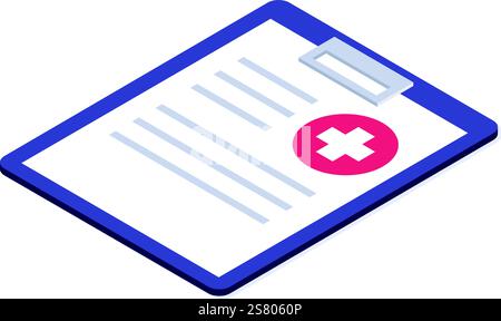 Isometrische Zwischenablage, die abgelehnte Gesundheitsdokumente mit rotem Kreuz anzeigt, die eine abgelehnte Krankenversicherung oder einen fehlgeschlagenen Gesundheitscheck darstellen Stock Vektor