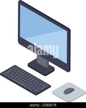 Isometrische Ansicht eines Desktop-Computers mit Monitor, Tastatur und Maus auf einem Mauspad, die moderne Arbeitsplatztechnologie und digitale Produktivität repräsentiert Stock Vektor