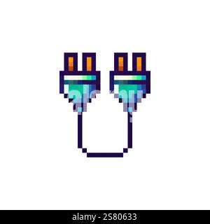 Kabel mit zwei Steckern. Logo des Vektors des Ladeadapters. Pixel-Logo der Energie. Buchsenstecker im 8-Bit-Vektor. Vektorabbildung. Stock Vektor