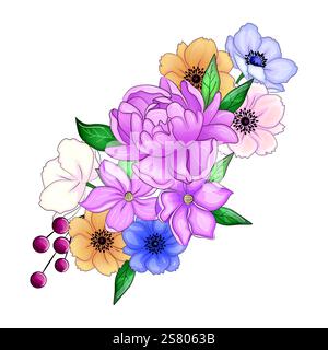 Realistische Vektorblumen Blütenblätter Knospen Blumensträuße. Anemonen, Pfingstrosen Stiefmütterchen Magnolie Stock Vektor