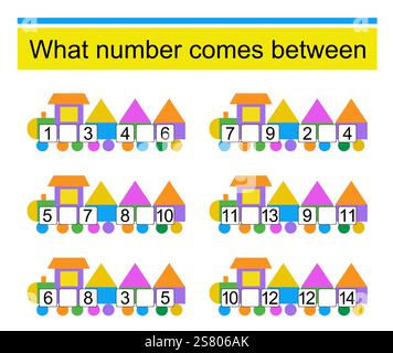 Welche Zahl liegt zwischen? Mathematische Arbeitsblätter für Kinder. Vektor-Illustration der Zeichentrickbahn. Stock Vektor