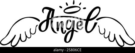 Handgezeichnete Engelsflügel und ein Halo, der anmutig über dem elegant geschriebenen Wort Engel schwingt, schaffen ein harmonisches Design, das Spiritualität, Glauben und Hoffnung symbolisiert Stock Vektor