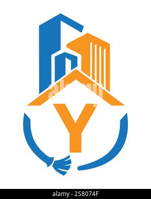 Anfangsbuchstabe Y Industriereinigung Logo Konzept mit Reinigungsbürste und Gebäudesymbol. Besenschild Stock Vektor