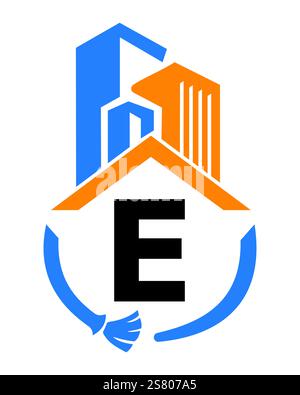Anfangsbuchstabe E Logo-Konzept für industrielle Reinigung mit Reinigungsbürste und Gebäudesymbol. Besenschild Stock Vektor