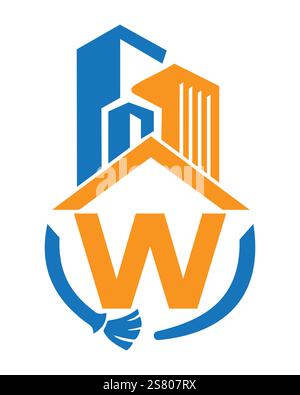 Anfangsbuchstabe W Logo-Konzept für industrielle Reinigung mit Reinigungsbürste und Gebäudesymbol. Besenschild Stock Vektor