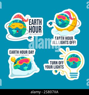 Kreative, handgezeichnete Vorlagen für das Design von Earth Hour Social Media Labels Stock Vektor