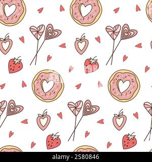 Valentinstag Herzform, nahtloses Muster für süße Speisen. Rosa Doodle Donuts, Erdbeeren und Lutscher. Stock Vektor