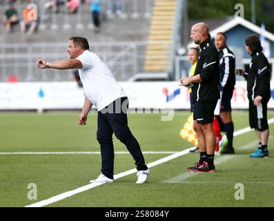 Åtvidabergs FF Trainer Roar Hansen während des Fußballspiels zwischen Åtvidabergs FF und Gefle IF, Allsvenskan, Kopparvallen Arena, Åtvidaberg, Schweden. Stockfoto