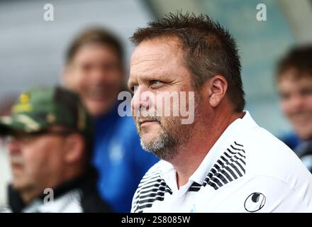 Åtvidabergs FF Trainer Roar Hansen vor dem Fußballspiel zwischen Åtvidabergs FF und Frej Täby, Superettan, Kopparvallen, Åtvidaberg, Schweden. Stockfoto