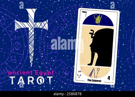 Der Kaiser. Ägyptische Tarotkarte Nummer vier. Profil eines ägyptischen Pharaos. Stock Vektor