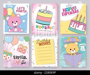 Happy Birthday Grußkarte Clipart Poster Set. Set aus Geburtstagskarten mit Nachrichten, Wünschen, Überraschungen und Partyelementen in farbenfroher Abstraktion Stock Vektor