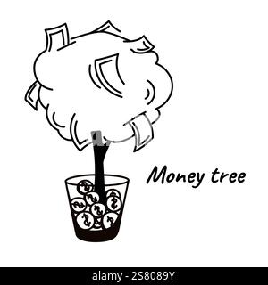 Kritzeln Sie Geldbaum oder Pflanzen Sie schwarz-weiße Umrissgrafik-Vektor-Illustration auf weißem Hintergrund Stock Vektor