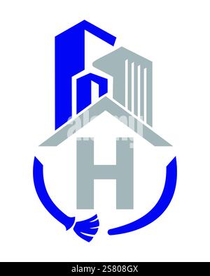 Anfangsbuchstabe H Industriereiniger Logo-Konzept mit Reinigungsbürste und Gebäudesymbol. Besenschild Stock Vektor