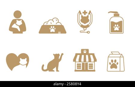 PET Care Set Store Shop Katze Tier Adoption Pflege Lebensmittel Ernährung Tierarzt Seife Shampoo Flasche Verpackung Paw Logo Symbol Design Icon Set Kollektion Stock Vektor