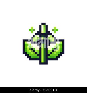 Windmühle-Symbol mit grünem Blatt-Symbol für Ökologie. Alternative Energiequellen werden im Pixelstil aufgesprengt. Windenergieanlage mit „Leaves Green Energy“-Logo. Stock Vektor