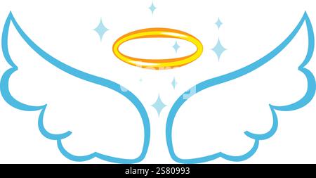 Blaue Engelsflügel im Zeichentrickstil und goldener Halo mit funkelnden Sternen wecken Gefühle der Reinheit, Unschuld und göttlicher Präsenz, perfekt für religiöse oder spirituelle Designs Stock Vektor