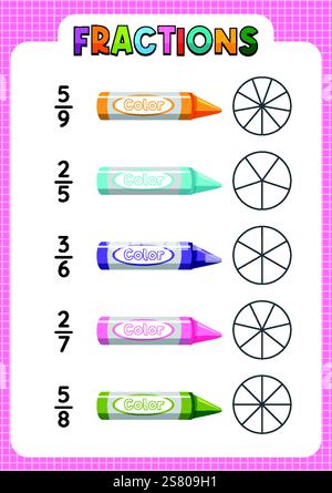 Darstellung von Fraktionen mit bunten Buntstiften Stock Vektor